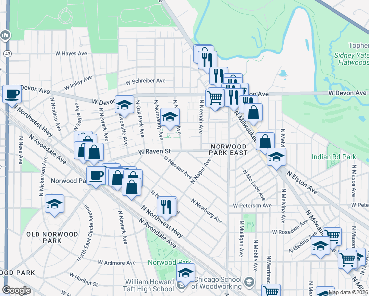 map of restaurants, bars, coffee shops, grocery stores, and more near 6201 North Natoma Avenue in Chicago