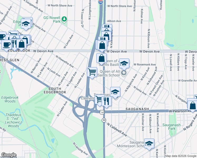 map of restaurants, bars, coffee shops, grocery stores, and more near 6232 North Cicero Avenue in Chicago
