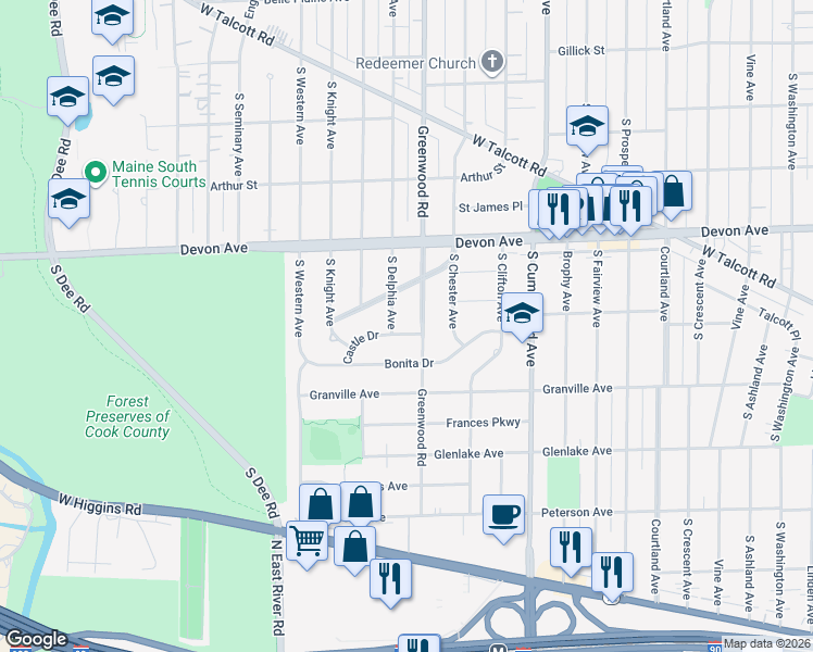 map of restaurants, bars, coffee shops, grocery stores, and more near 1216 Castle Drive in Park Ridge