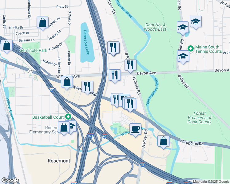 map of restaurants, bars, coffee shops, grocery stores, and more near 9550 West Higgins Road in Rosemont