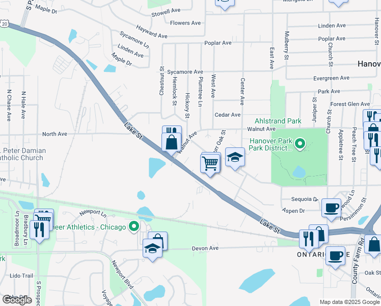 map of restaurants, bars, coffee shops, grocery stores, and more near 2260 Breezewood Lane in Hanover Park