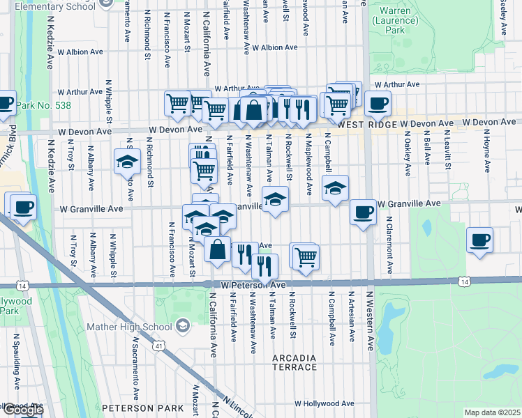 map of restaurants, bars, coffee shops, grocery stores, and more near 2639 West Granville Avenue in Chicago