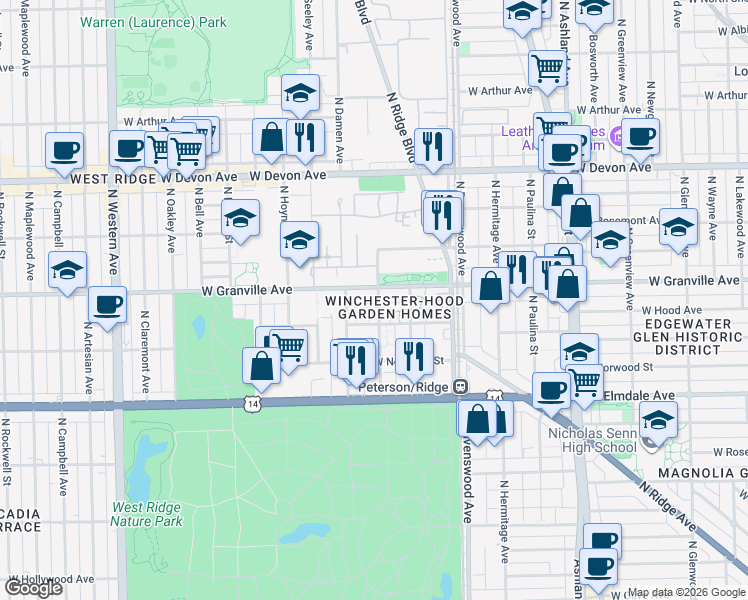 map of restaurants, bars, coffee shops, grocery stores, and more near 6177 North Winchester Avenue in Chicago