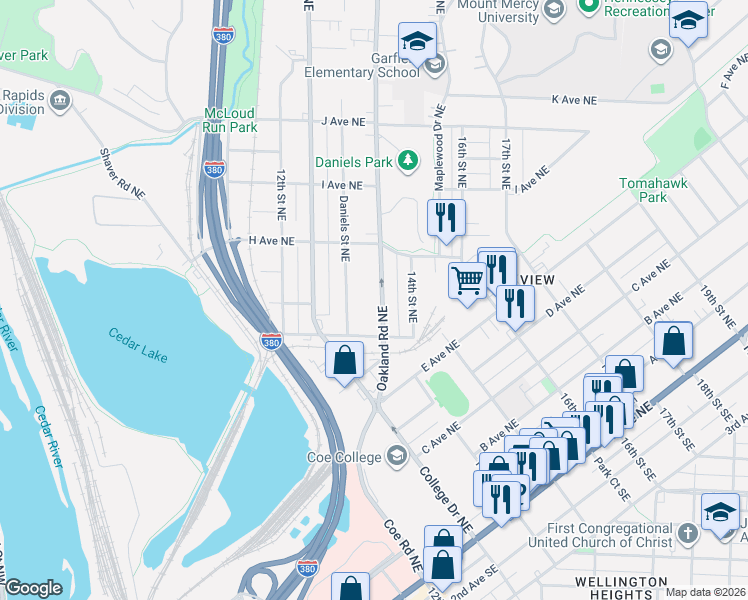 map of restaurants, bars, coffee shops, grocery stores, and more near 838 Daniels Street Northeast in Cedar Rapids