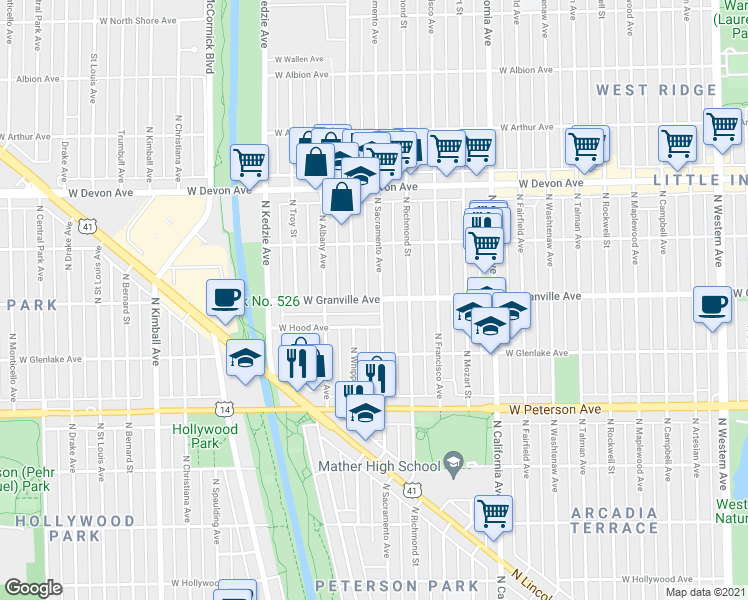 map of restaurants, bars, coffee shops, grocery stores, and more near 3000 West Granville Avenue in Chicago