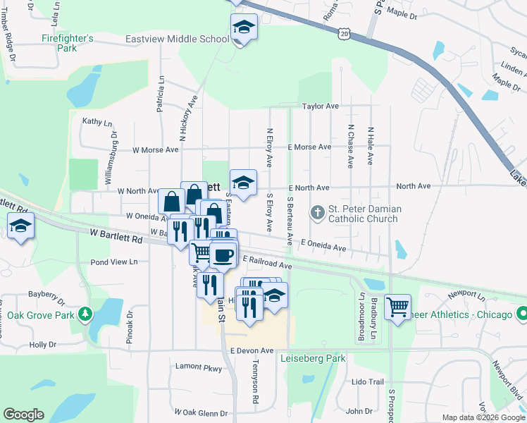 map of restaurants, bars, coffee shops, grocery stores, and more near 122 S Elroy Ave in Bartlett