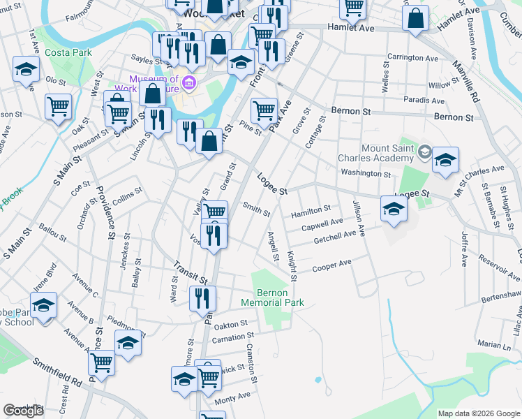 map of restaurants, bars, coffee shops, grocery stores, and more near 667 Grove Street in Woonsocket
