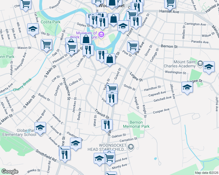 map of restaurants, bars, coffee shops, grocery stores, and more near 79 Cross Street in Woonsocket