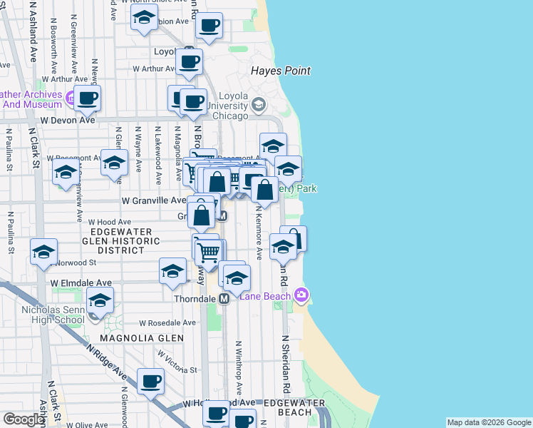 map of restaurants, bars, coffee shops, grocery stores, and more near 6162 North Kenmore Avenue in Chicago