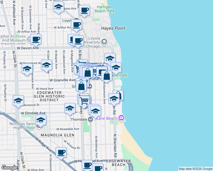 map of restaurants, bars, coffee shops, grocery stores, and more near 6162 North Kenmore Avenue in Chicago