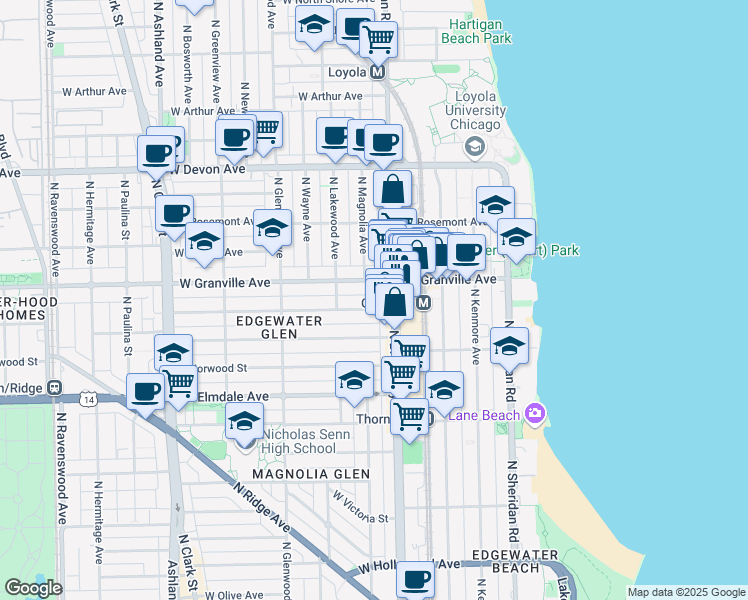 map of restaurants, bars, coffee shops, grocery stores, and more near 1222 West Hood Avenue in Chicago