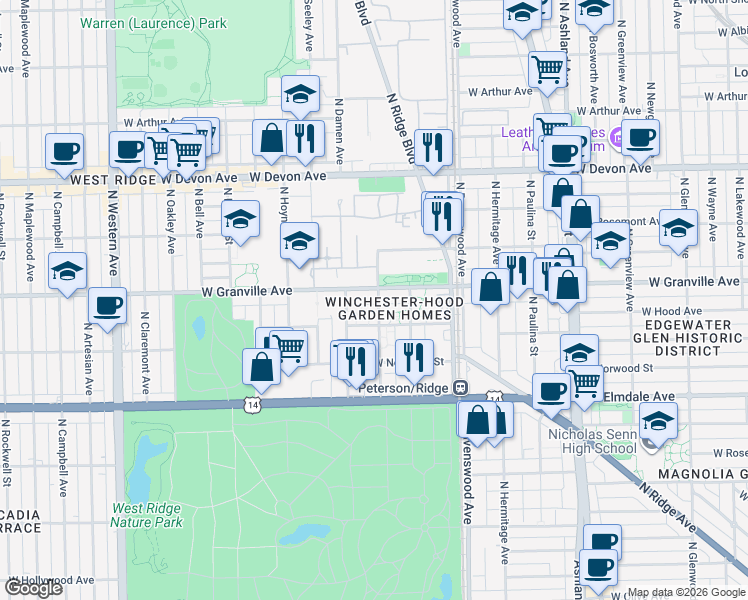map of restaurants, bars, coffee shops, grocery stores, and more near 6177 North Winchester Avenue in Chicago