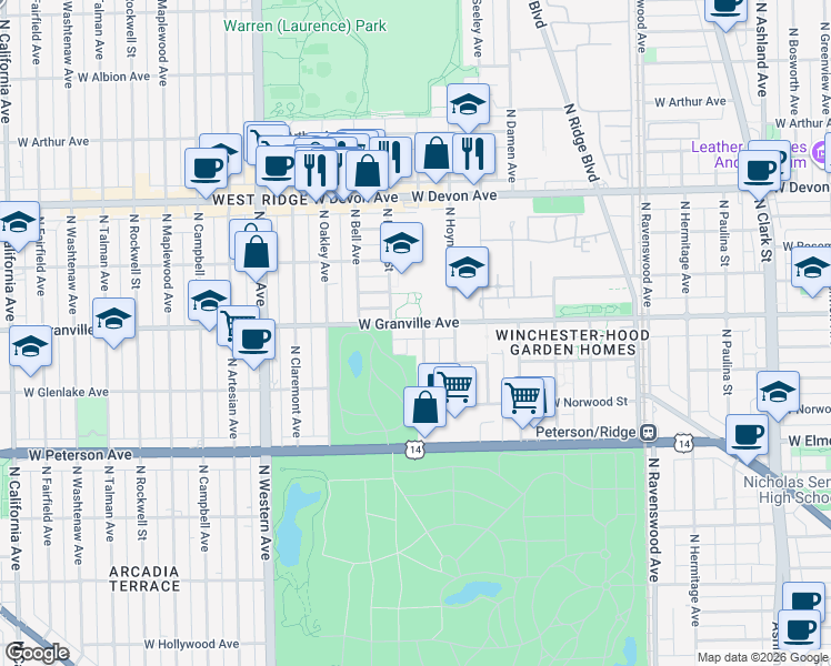 map of restaurants, bars, coffee shops, grocery stores, and more near 2143 West Granville Avenue in Chicago