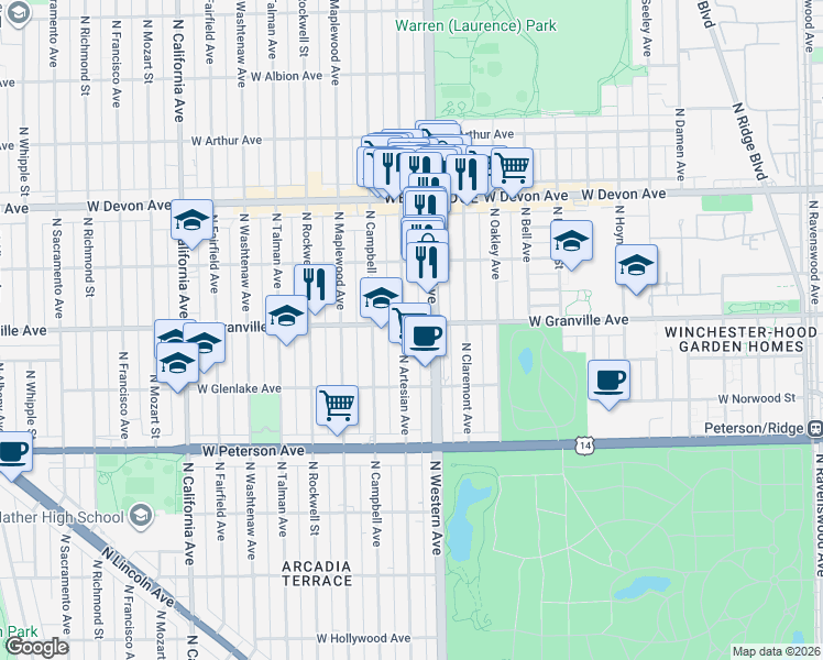map of restaurants, bars, coffee shops, grocery stores, and more near 6156 North Western Avenue in Chicago