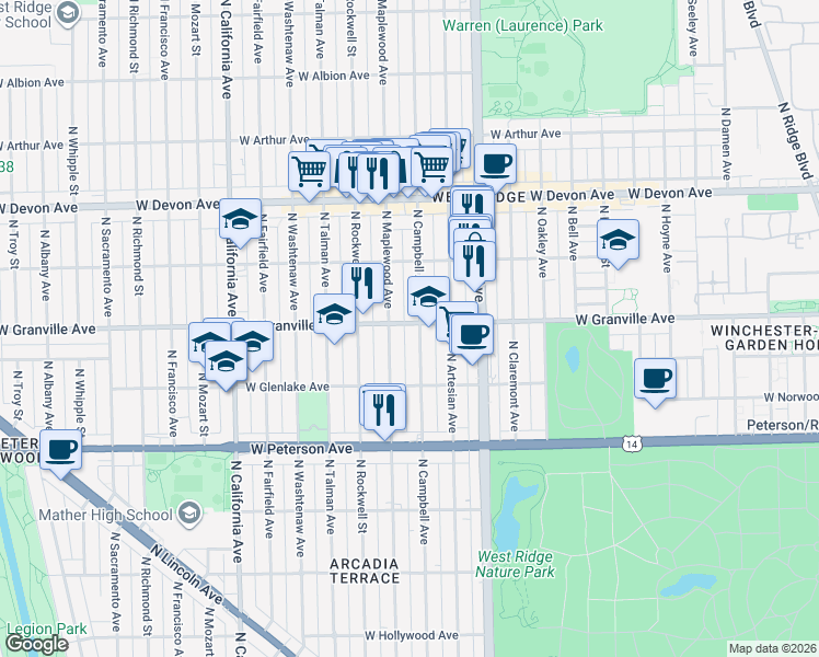 map of restaurants, bars, coffee shops, grocery stores, and more near 6159 North Maplewood Avenue in Chicago