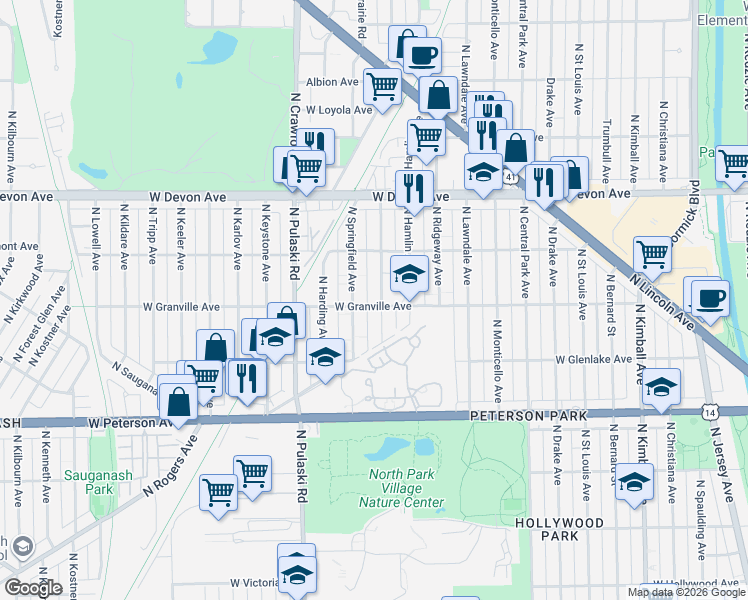 map of restaurants, bars, coffee shops, grocery stores, and more near 6207 North Springfield Avenue in Chicago