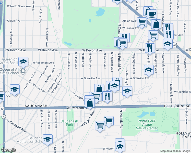 map of restaurants, bars, coffee shops, grocery stores, and more near 6209 North Keeler Avenue in Chicago