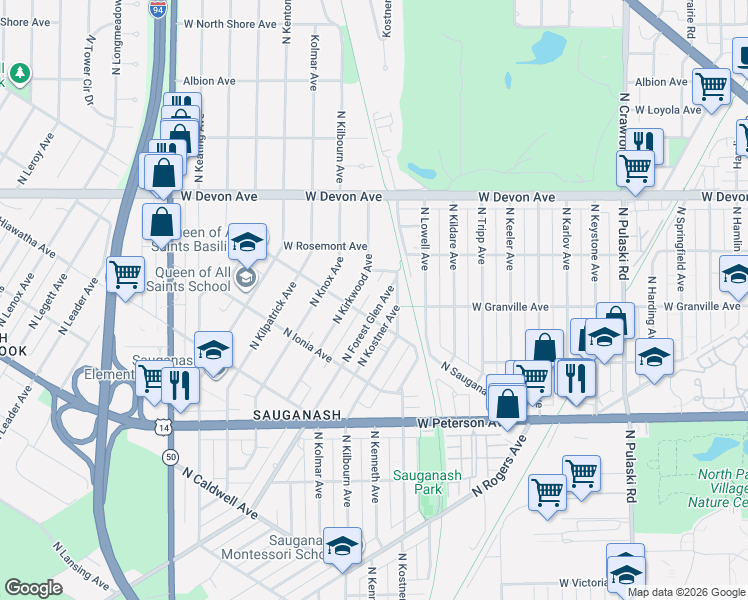 map of restaurants, bars, coffee shops, grocery stores, and more near 6222 North Forest Glen Avenue in Chicago