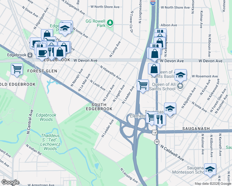 map of restaurants, bars, coffee shops, grocery stores, and more near 6201 North Lenox Avenue in Chicago