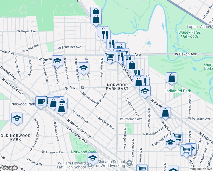 map of restaurants, bars, coffee shops, grocery stores, and more near 6436 West Raven Street in Chicago