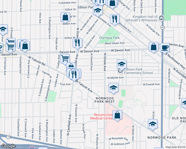 map of restaurants, bars, coffee shops, grocery stores, and more near 6235 North Overhill Avenue in Chicago