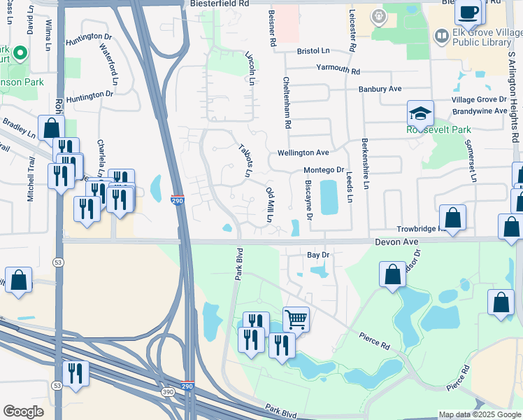 map of restaurants, bars, coffee shops, grocery stores, and more near 1258 Old Mill Lane in Elk Grove Village