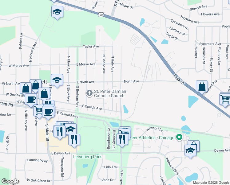 map of restaurants, bars, coffee shops, grocery stores, and more near 118 South Prospect Avenue in Bartlett