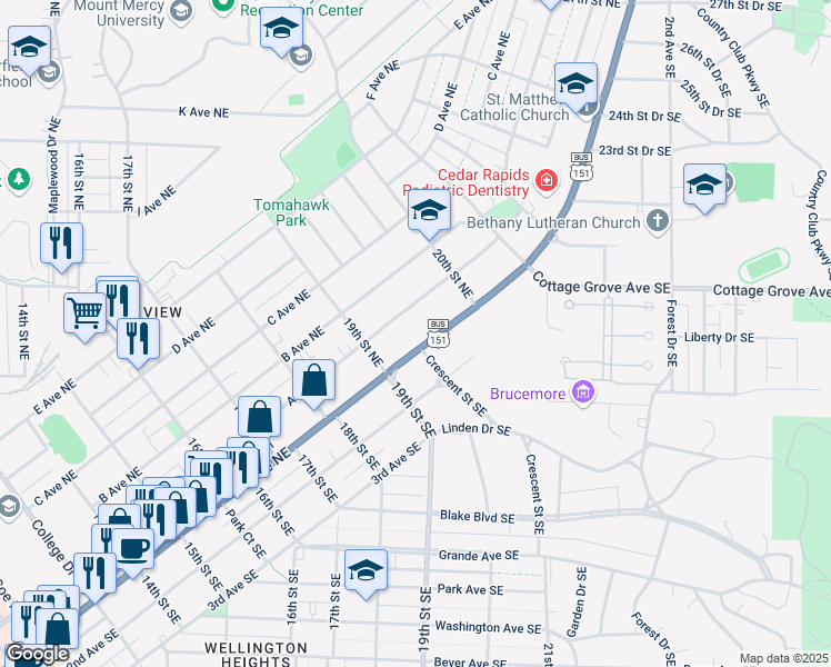 map of restaurants, bars, coffee shops, grocery stores, and more near 1948 U.S. 151 Business in Cedar Rapids