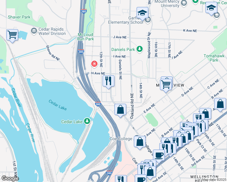 map of restaurants, bars, coffee shops, grocery stores, and more near 826 Center Point Road Northeast in Cedar Rapids