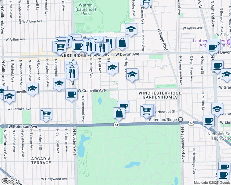 map of restaurants, bars, coffee shops, grocery stores, and more near 2143 West Granville Avenue in Chicago