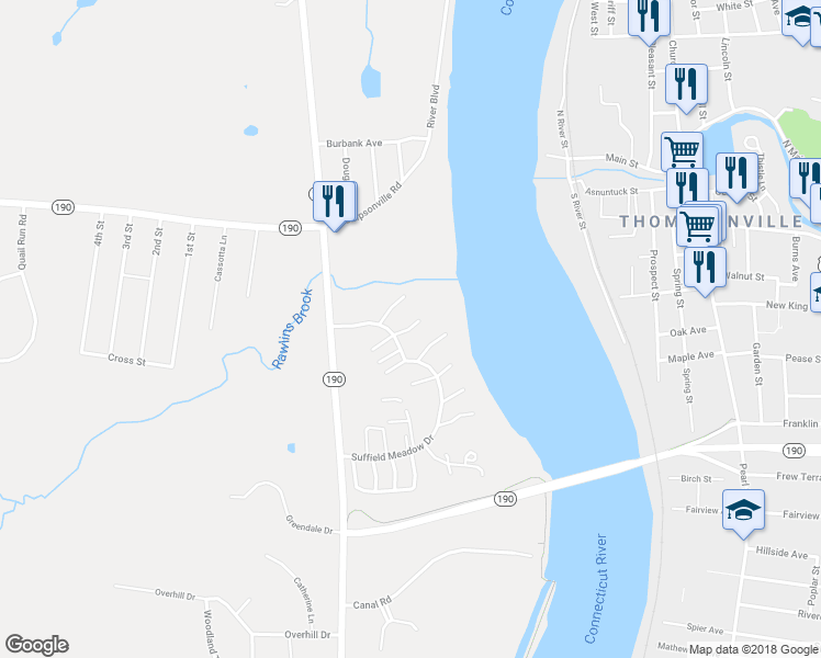 map of restaurants, bars, coffee shops, grocery stores, and more near 224 East Bass Lane in Suffield