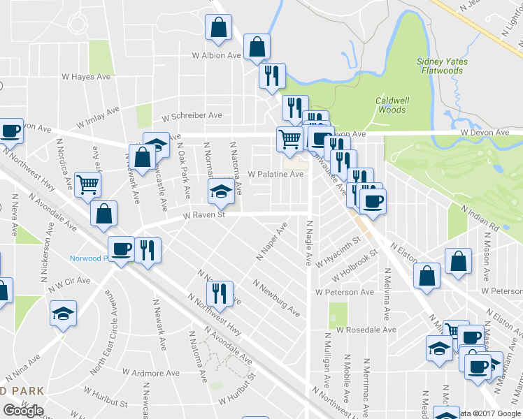 map of restaurants, bars, coffee shops, grocery stores, and more near 6514 West Raven Street in Chicago