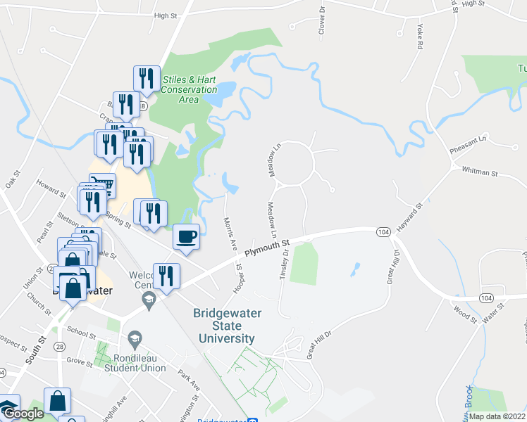 map of restaurants, bars, coffee shops, grocery stores, and more near 2 Meadow Lane in Bridgewater