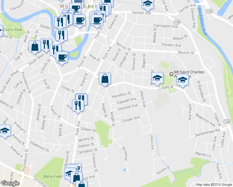 map of restaurants, bars, coffee shops, grocery stores, and more near 54 Hamilton Street in Woonsocket