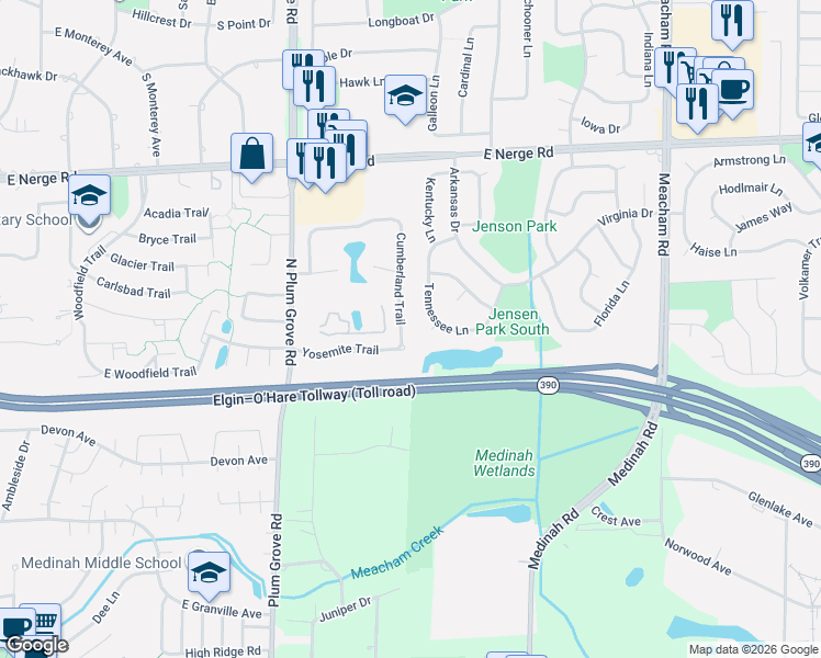 map of restaurants, bars, coffee shops, grocery stores, and more near 521 Cumberland Trail in Roselle