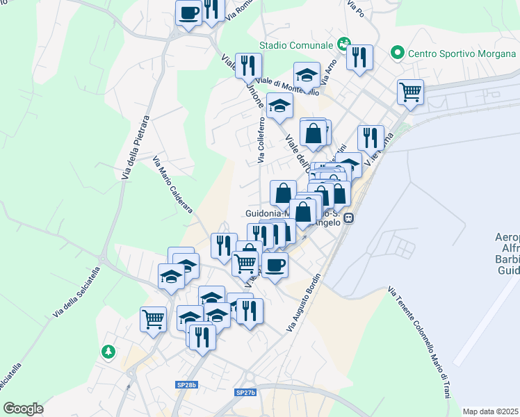map of restaurants, bars, coffee shops, grocery stores, and more near 67 Via Colle Ferro in Guidonia