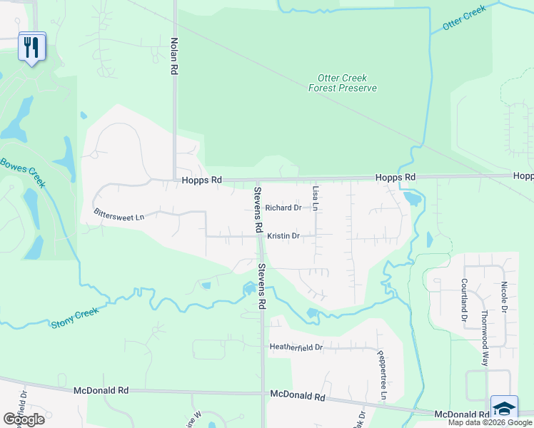 map of restaurants, bars, coffee shops, grocery stores, and more near 8N633 Stevens Road in Elgin