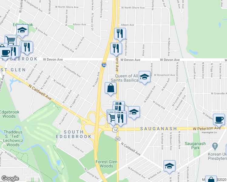 map of restaurants, bars, coffee shops, grocery stores, and more near 6232 North Cicero Avenue in Chicago