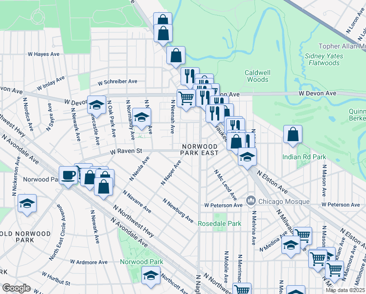 map of restaurants, bars, coffee shops, grocery stores, and more near 6436 West Raven Street in Chicago