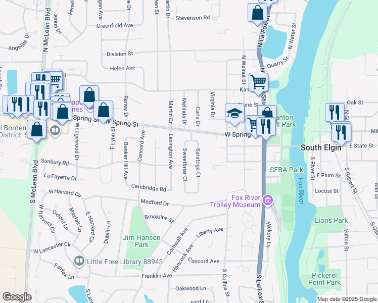map of restaurants, bars, coffee shops, grocery stores, and more near 49 Sweetbriar Court in South Elgin