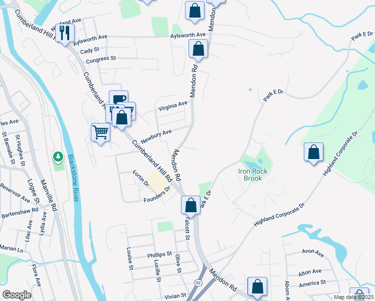 map of restaurants, bars, coffee shops, grocery stores, and more near 35 Armand Avenue in Woonsocket