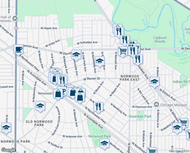 map of restaurants, bars, coffee shops, grocery stores, and more near 6644 West Raven Street in Chicago