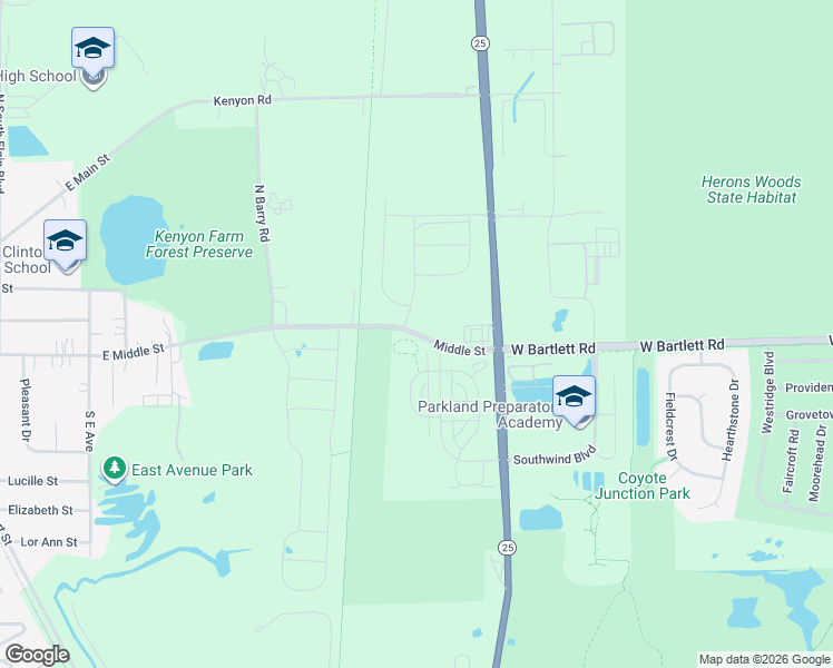 map of restaurants, bars, coffee shops, grocery stores, and more near Middle Street in South Elgin