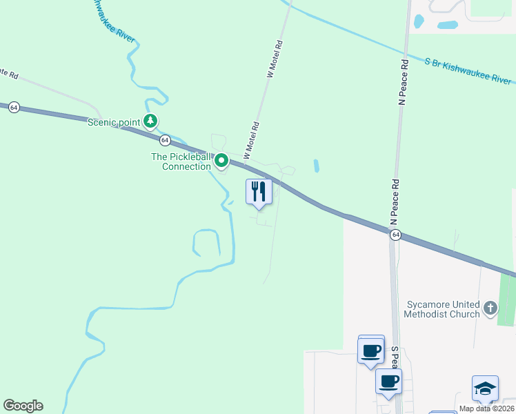 map of restaurants, bars, coffee shops, grocery stores, and more near 120 Liberty Lane in Sycamore