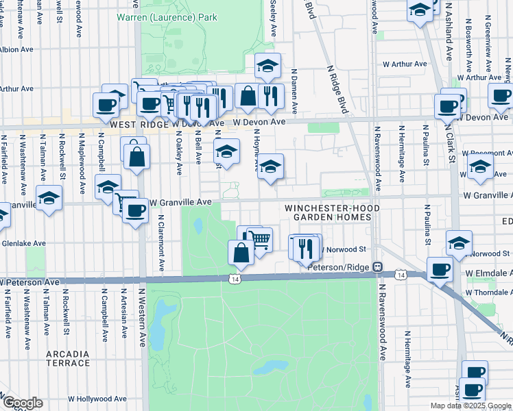 map of restaurants, bars, coffee shops, grocery stores, and more near 2101 West Granville Avenue in Chicago
