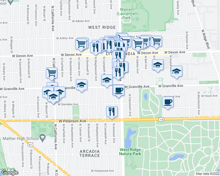 map of restaurants, bars, coffee shops, grocery stores, and more near 2441 West Granville Avenue in Chicago