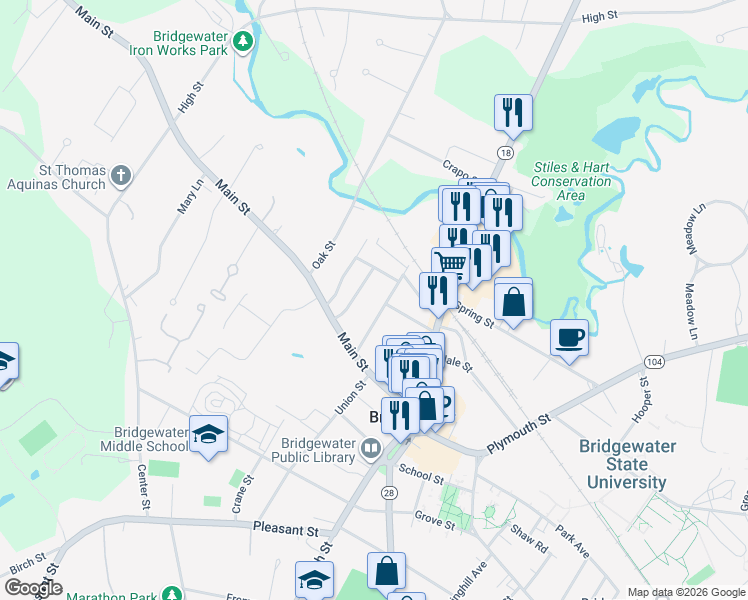 map of restaurants, bars, coffee shops, grocery stores, and more near 62 Pearl Street in Bridgewater