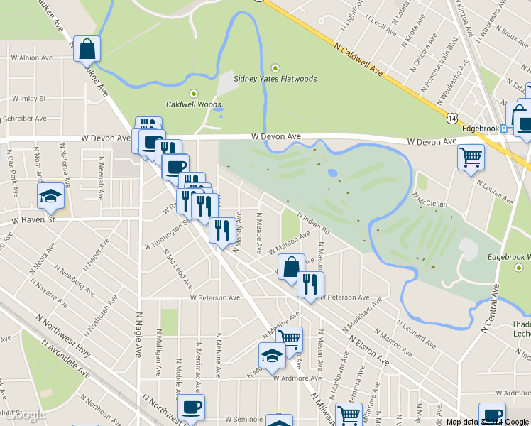 map of restaurants, bars, coffee shops, grocery stores, and more near 6173 North Meade Avenue in Chicago