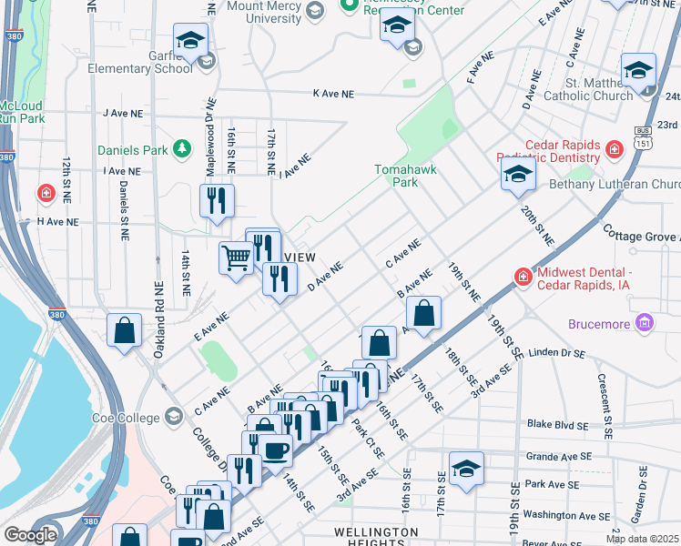 map of restaurants, bars, coffee shops, grocery stores, and more near 1721 D Avenue Northeast in Cedar Rapids