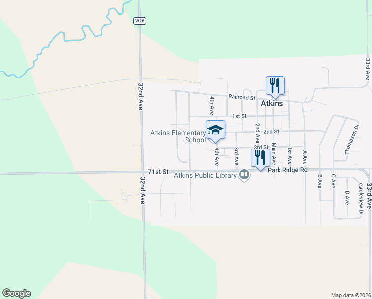 map of restaurants, bars, coffee shops, grocery stores, and more near 204 Cardinal Avenue in Atkins